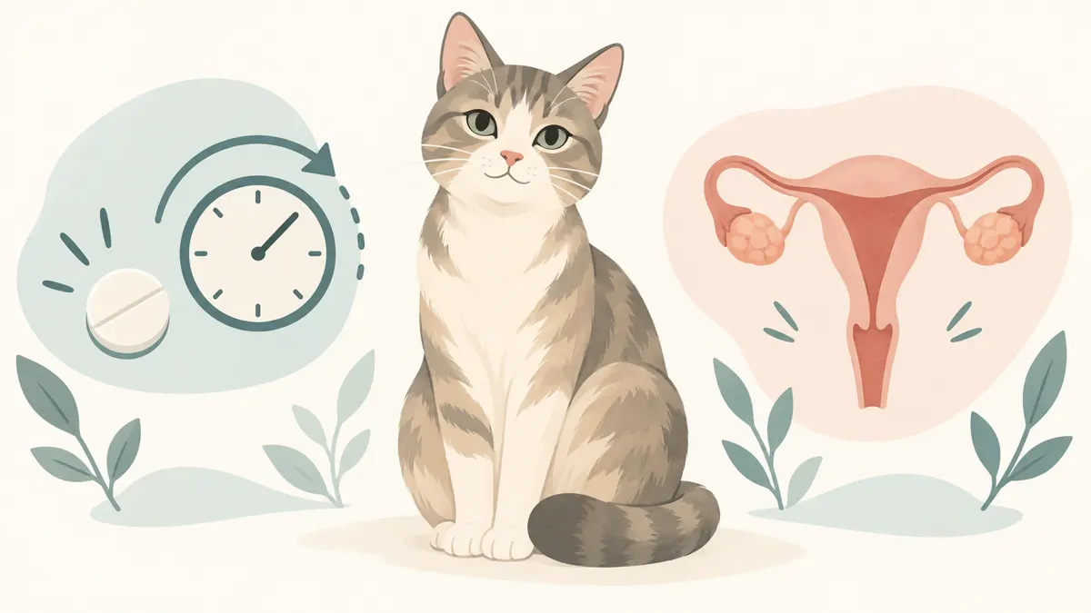 Ilustracja kotki obok symbolu tabletki i zegara oraz schematu jajników i macicy.