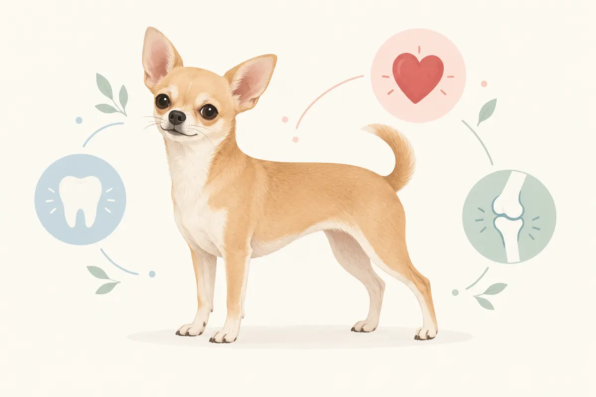 Ilustracja chihuahua z symbolami kontroli zębów, serca i stawów.