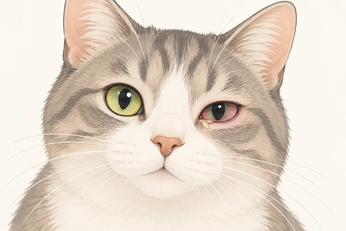 Ilustracja kota z zaczerwienioną spojówką i wydzieliną przy oku.
