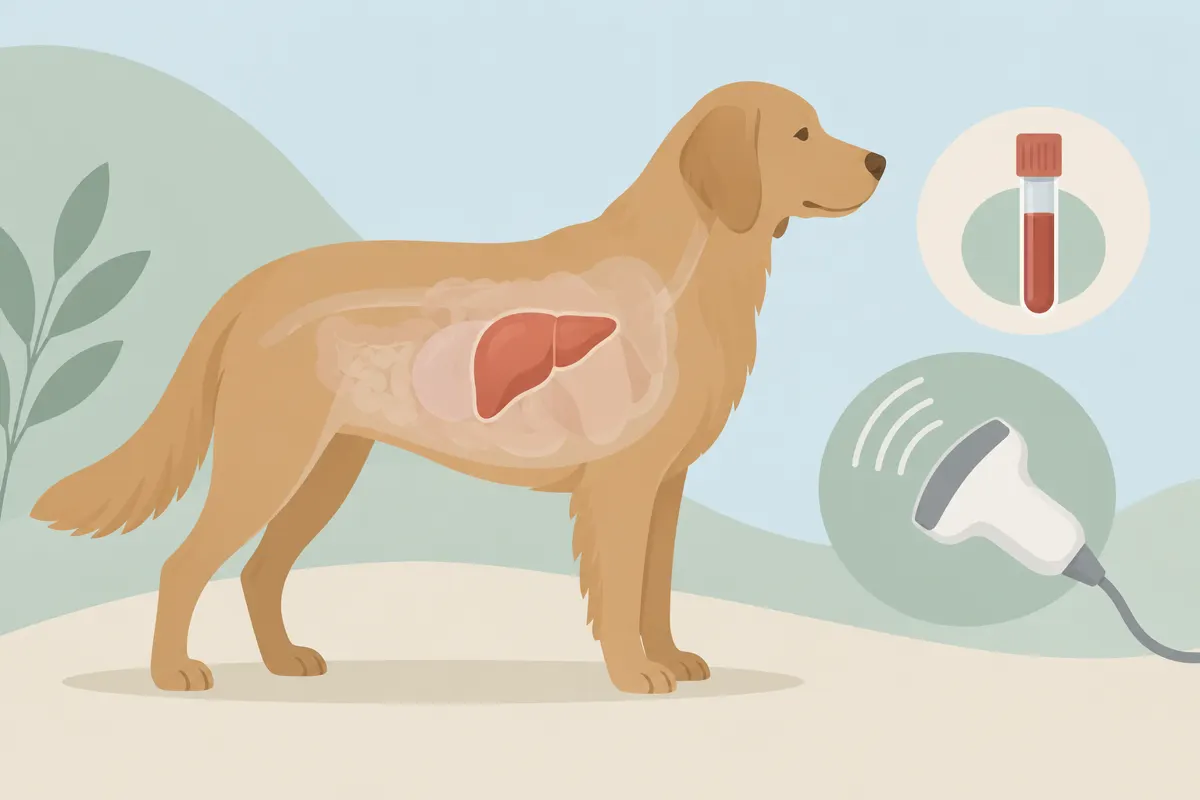 Ilustracja psa z zaznaczoną wątrobą oraz symbolami badania krwi i USG.