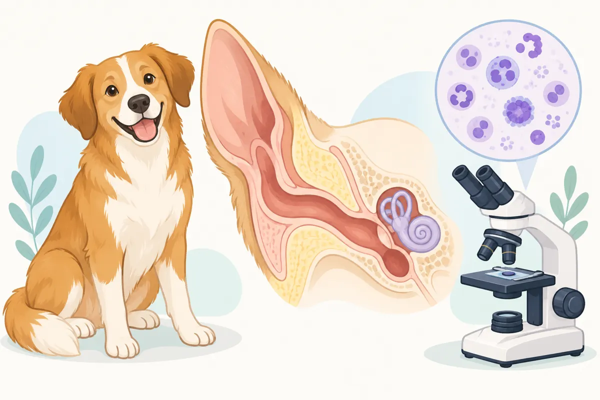 Ilustracja psa, schematu ucha i mikroskopu przedstawiająca diagnostykę chorób uszu.