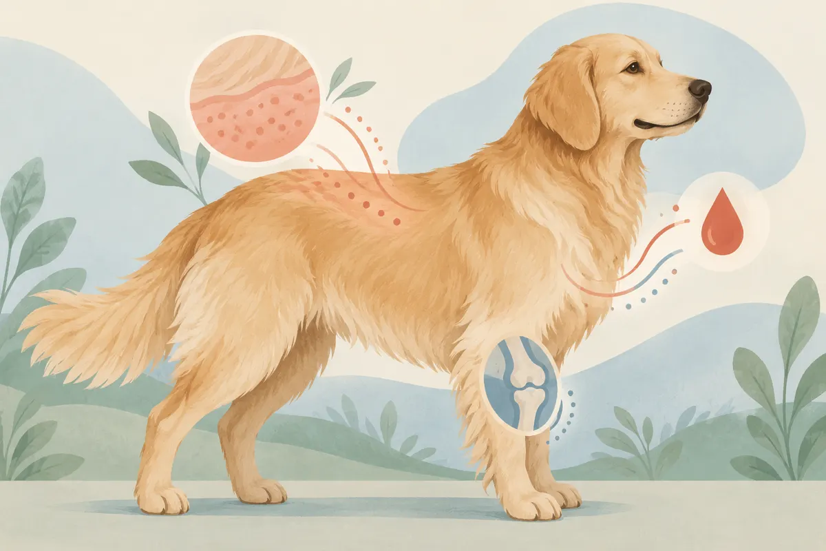 Ilustracja psa oraz symboli skóry, krwi i stawów związanych z chorobami autoimmunologicznymi.