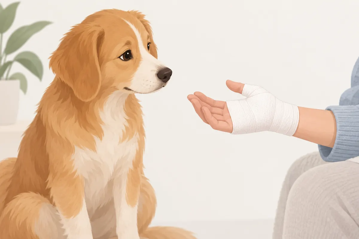 Ilustracja psa i dłoni z opatrunkiem po ugryzieniu