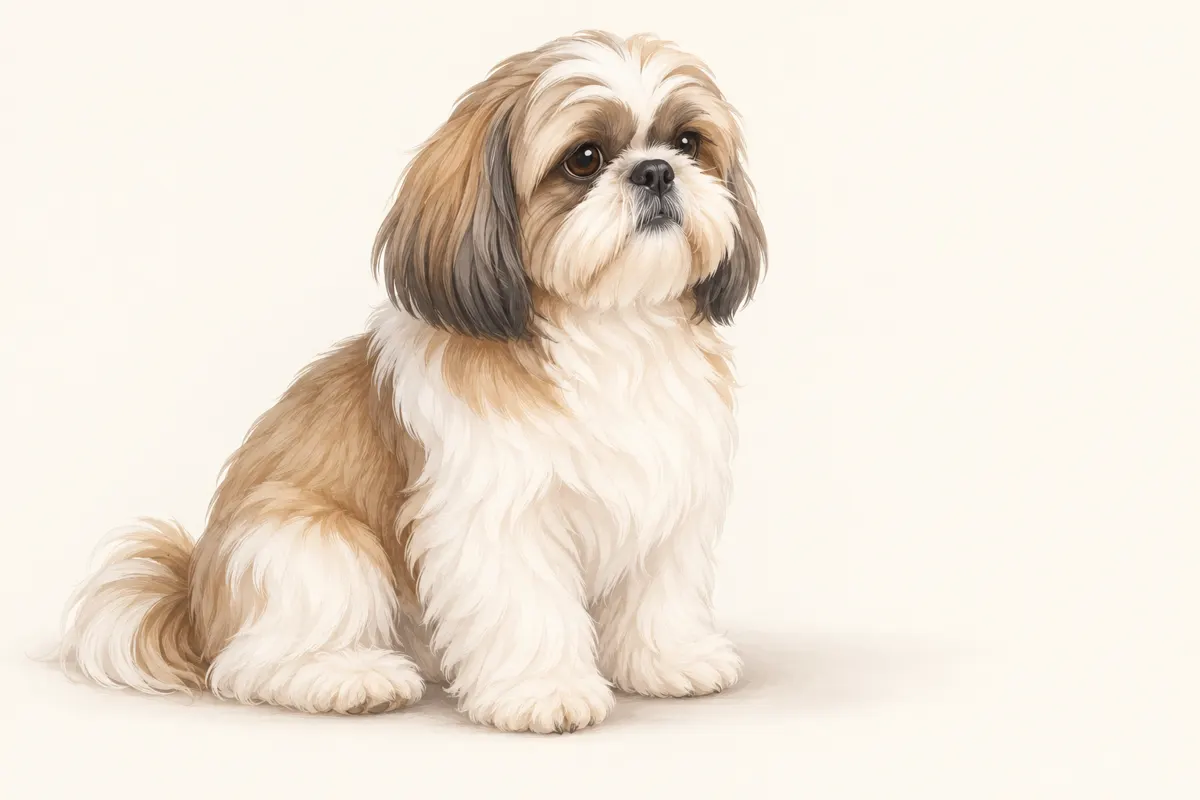 Ilustracja shih tzu z zadbaną sierścią i dobrze widocznym pyskiem.