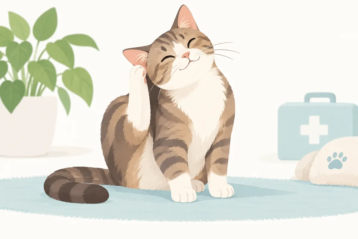 Ilustracja kota unoszącego łapę w pobliżu ucha