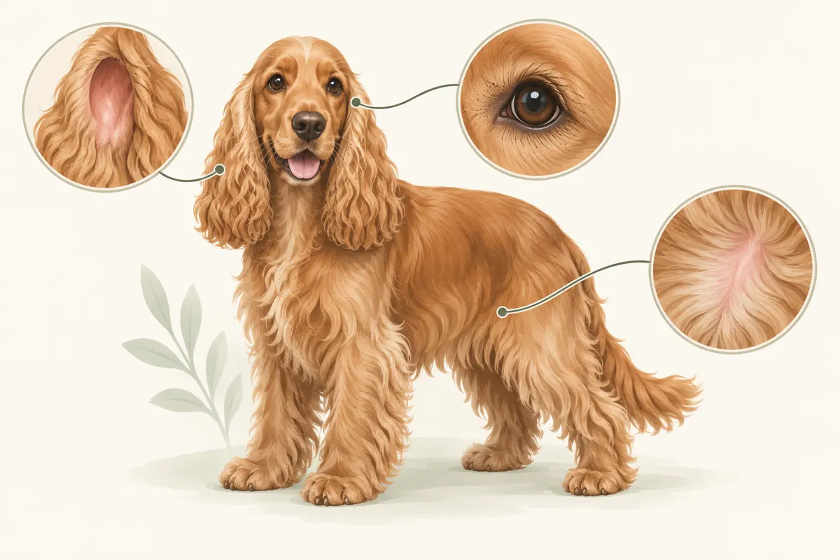 Cocker spaniel oraz ilustracyjne detale ucha, oka i skóry pod sierścią.
