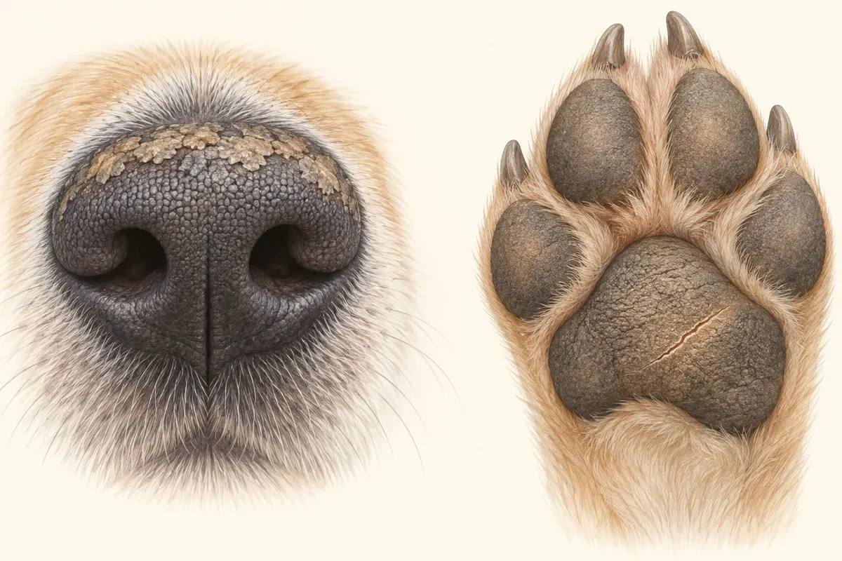 Ilustracja nadmiernego rogowacenia nosa i opuszki łapy u psa.