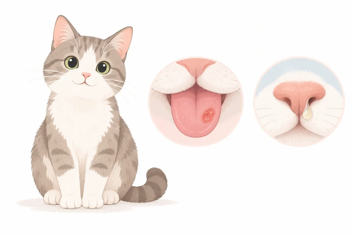 Ilustracja kota z zaznaczoną nadżerką na języku i wydzieliną z nosa.