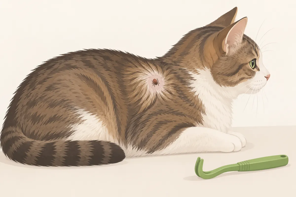 Ilustracja kleszcza przyczepionego do skóry kota i przyrządu do jego usuwania