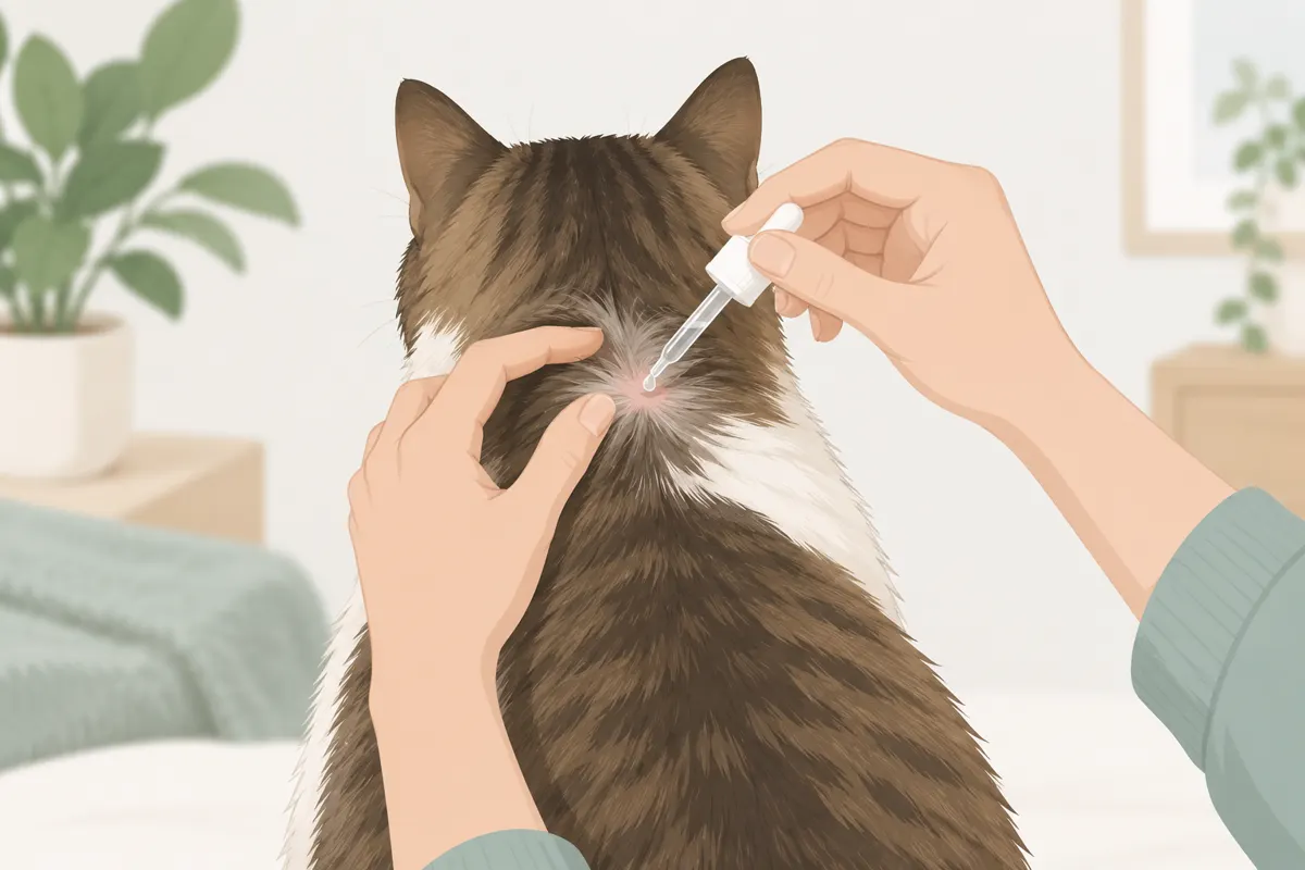Ilustracja aplikacji preparatu spot-on na skórę kota po rozchyleniu sierści.