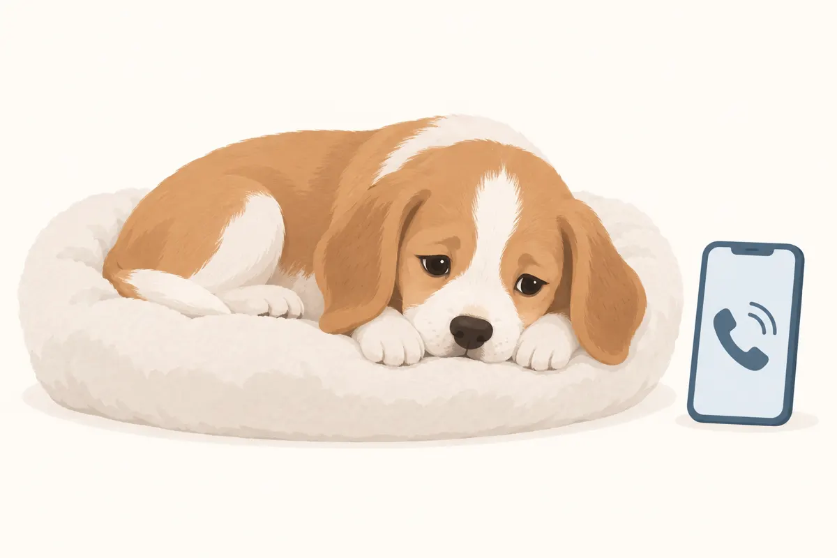 Ilustracja osowiałego szczeniaka i symbolu telefonu oznaczającego pilny kontakt z lecznicą.