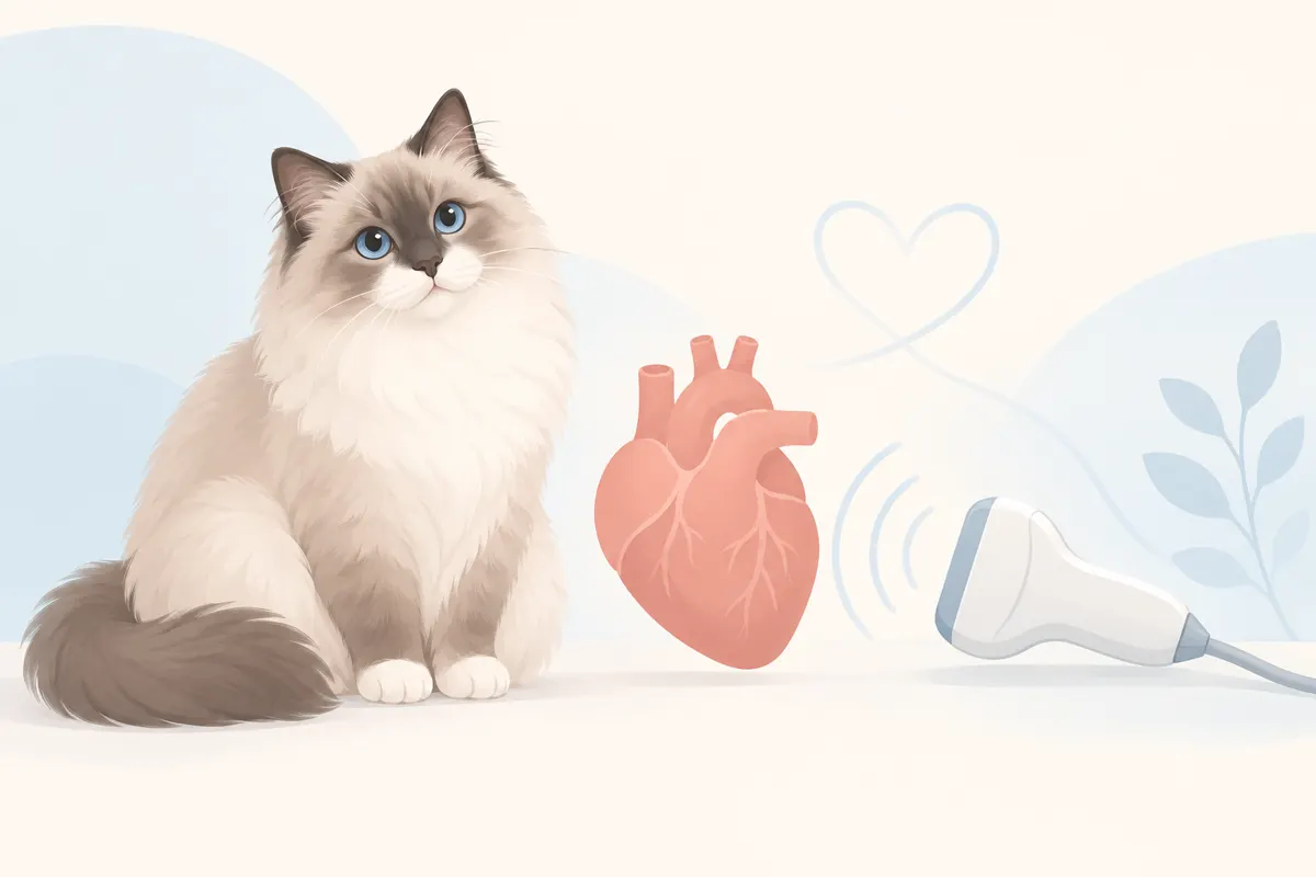 Ilustracja kota rasy ragdoll z symbolem serca i głowicą USG