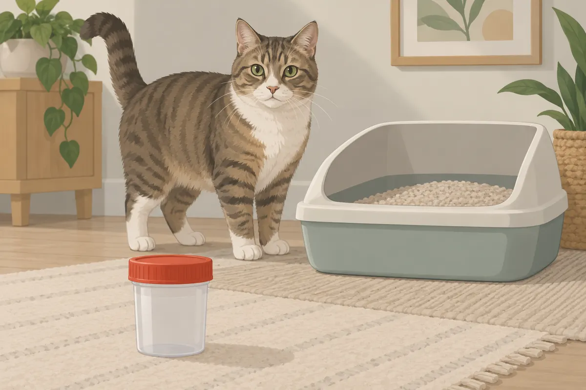 Kot obok kuwety i zamkniętego pojemnika na próbkę kału do badania pasożytów