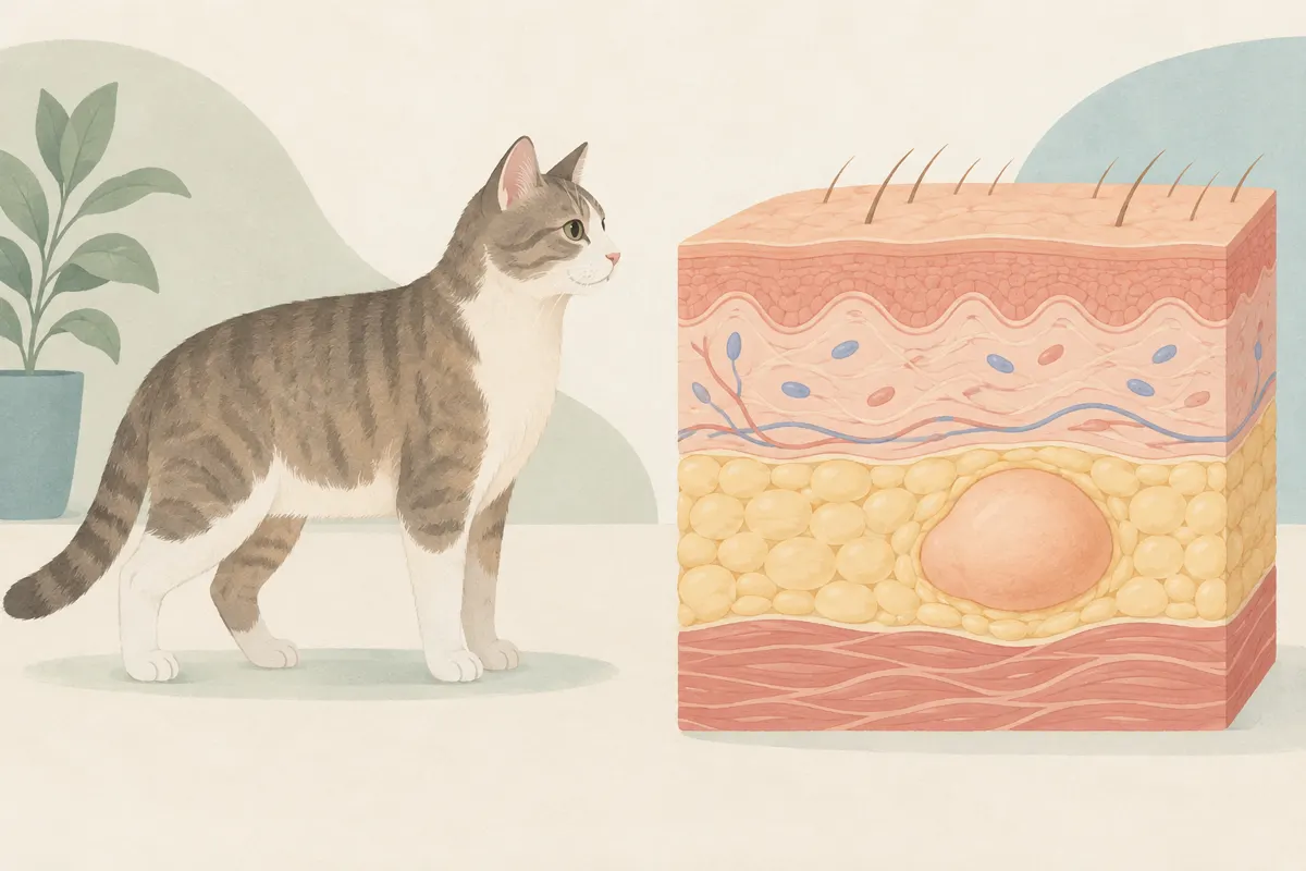 Schematyczna ilustracja kota i przekroju skóry z guzkiem podskórnym.