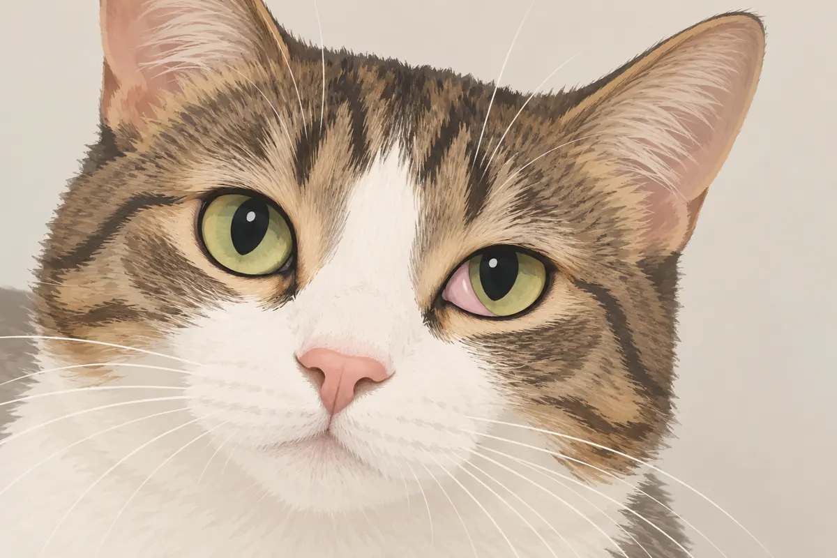 Ilustracja kota z widoczną trzecią powieką przy wewnętrznym kąciku oka.
